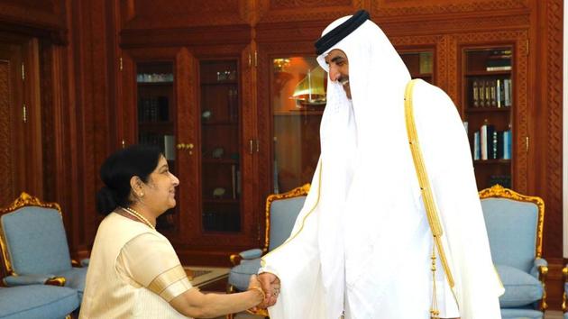 External Affairs Minister Sushma Swaraj on Monday met Emir of Qatar Sheikh Tamim Bin Hamad Al-Thani and discussed ways to move forward on the roadmap set by the top leaders of the two countries. (Raveesh Kumar) External Affairs Minister Sushma Swaraj on Monday met Emir of Qatar Sheikh Tamim Bin Hamad Al-Thani and discussed ways to move forward on the roadmap set by the top leaders of the two countries. (Raveesh Kumar)