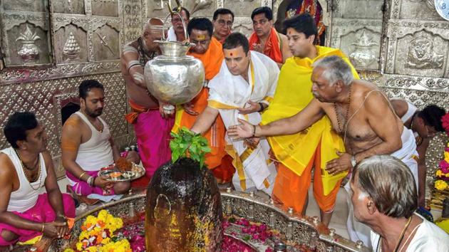 Congress President Rahul Gandhi offer prayers with Madhya Pradesh Congress chief Kamal Nath and the party’s state campaign committee chairman Jyotiraditya Scindia at Mahakaleshwar temple during his two-day tour to Malwa-Nimar region, in Ujjain. (PTI) Congress President Rahul Gandhi offer prayers with Madhya Pradesh Congress chief Kamal Nath and the party’s state campaign committee chairman Jyotiraditya Scindia at Mahakaleshwar temple during his two-day tour to Malwa-Nimar region, in Ujjain. (PTI)