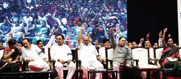 (From left) Nationalist Congress Party leaders Vandana Chavan, Ajit Pawar, Jatant Patil, Sharad Pawar, Dilip Walse-Patil and Supriya Sule at the ‘samvidhan bachao’ (save the Constituion) rally organised at Ganesh Kala Krida Manch on Monday(RAHUL BHATT/HT)