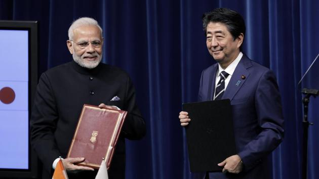 Prime Minister Narendra Modi and his Japanese counterpart Shinzo Abe during their summit talks also sought “expeditious and meaningful” reforms of the United Nations.(Bloomberg)