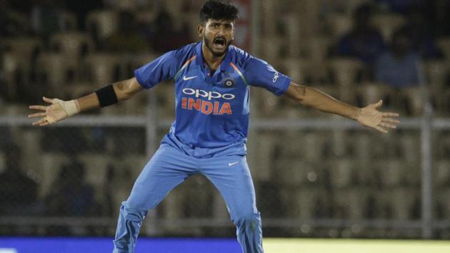 India's Khaleel Ahmed celebrates the dismissal of West Indies' Shimron Hetmyer. (AP) 