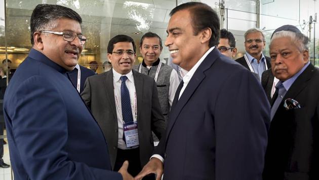 Union Minister for Electronics and Information Technology Ravi Shankar Prasad with Reliance Industries Limited Chairman Mukesh Ambani at the 24th Annual International Conference on Mobile Computing and Networking (ACM Mobicom) 2018, in New Delhi. (Atul Yadav / PTI)