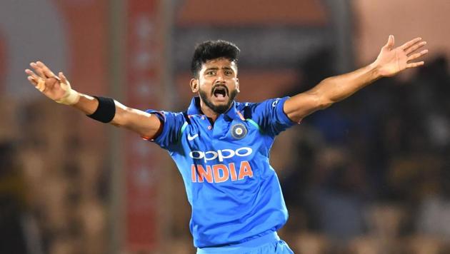 India bowler Khaleel Ahmed unsuccessfully appeals for a wicket during the fourth one day international (ODI) cricket match between India and West Indies at the Brabourne Stadium(AFP)