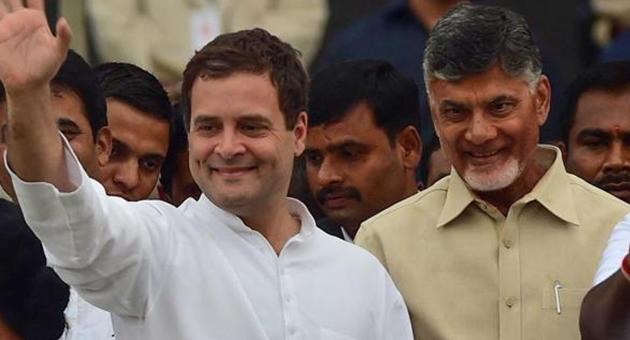 The Congress which has tied with the Telugu Desam Party of Andhra Pradesh chief minister Chandrababu Naidu (left) for the Telangana assembly polls is confidence of winning the state (File photo) (AFP) The Congress which has tied with the Telugu Desam Party of Andhra Pradesh chief minister Chandrababu Naidu (left) for the Telangana assembly polls is confidence of winning the state (File photo) (AFP)