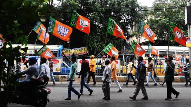 BJP activists shout slogans in support of the publication of the first complete draft of the National Register of Citizens (NRC) during a rally in Kolkata on August 2. (AFP Photo) BJP activists shout slogans in support of the publication of the first complete draft of the National Register of Citizens (NRC) during a rally in Kolkata on August 2. (AFP Photo)