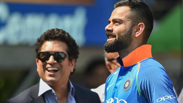 Indian batsman Virat Kohli and former cricketer Sachin Tendulkar before the 4th ODI cricket match between India and West Indies )(PTI) Indian batsman Virat Kohli and former cricketer Sachin Tendulkar before the 4th ODI cricket match between India and West Indies )(PTI)