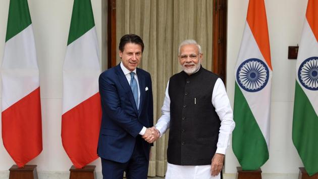 Prime Minister Narendra Modi meets as with his Italian counterpart Giuseppe Conte at Hyderabad House in New Delhi. During his visit, Conte will hold talks with PM Modi to boost cooperation in key areas such as trade and investment, besides participating in the India-Italy Technology Summit. (Mohd Zakir / HT Photo)