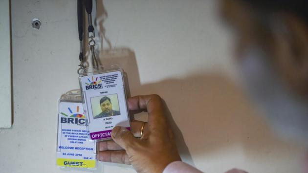 Doordarshan Cameraman Achyutanand Sahu's passes for various events that he had covered, hang at his residence in New Delhi, on Tuesday, October 30, 1018. Sahu died in a Maoist attack in Chhattisgarh's Dantewada district.(PTI Photo) Doordarshan Cameraman Achyutanand Sahu's passes for various events that he had covered, hang at his residence in New Delhi, on Tuesday, October 30, 1018. Sahu died in a Maoist attack in Chhattisgarh's Dantewada district.(PTI Photo)