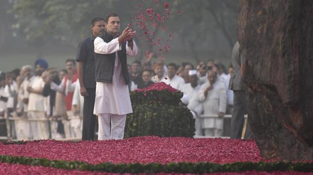 Congress President Rahul Gandhi pays floral tribute to former Prime Minister Indira Gandhi on her 34th death anniversary at Shakti Sthal in New Delhi. (Raj K Raj / HT Photo) Congress President Rahul Gandhi pays floral tribute to former Prime Minister Indira Gandhi on her 34th death anniversary at Shakti Sthal in New Delhi. (Raj K Raj / HT Photo)