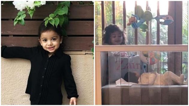 Shahid Kapoor’s daughter Misha Kapoor was spotted peeping over her brother Zain’s crib in this picture captured by Mira Rajput.(Instagram)