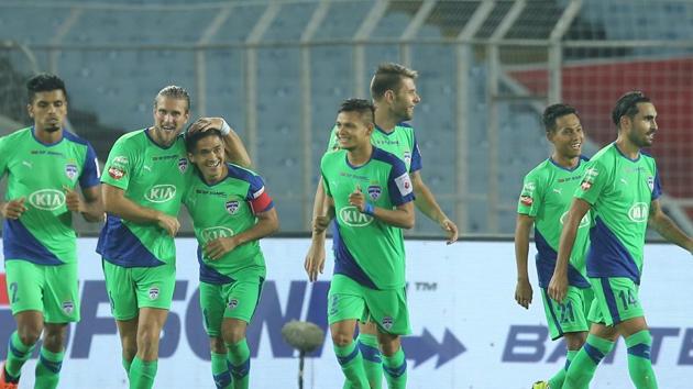 Erik Paartalu of Bengaluru FC celebrates the goal during match 24 of the Hero Indian Super League 2018 ( ISL ) between ATK and Bengaluru FC held at the Yuba Bharati Krirangan stadium (Salt Lake Stadium) in Salt Lake Kolkata.(ISL)