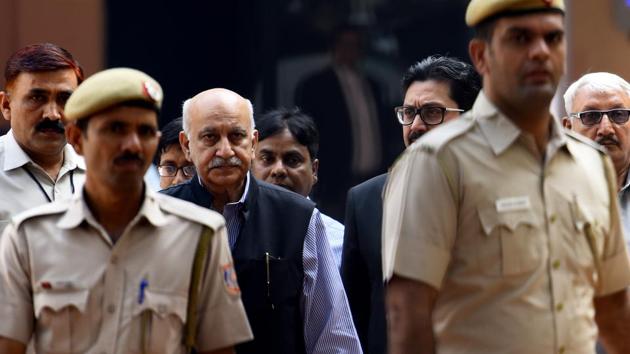 Former Union minister MJ Akbar at Patiala house court for a hearing in the sexual harassment case filed against him in New Delhi. Akbar had stepped down as the minister of state for external affairs after a number of women accused him of sexual harassment and inappropriate behaviour at various stages of his journalistic career. (Amal KS / HT Photo) Former Union minister MJ Akbar at Patiala house court for a hearing in the sexual harassment case filed against him in New Delhi. Akbar had stepped down as the minister of state for external affairs after a number of women accused him of sexual harassment and inappropriate behaviour at various stages of his journalistic career. (Amal KS / HT Photo)