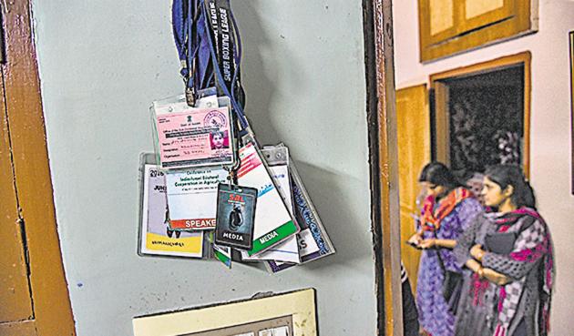 Doordarshan cameraman Achyuta Nanda Sahu's passes for events he had covered. Sahu died in a Maoist attack in Chhattisgarh's Dantewada district, Oct 30, 2018(PTI)