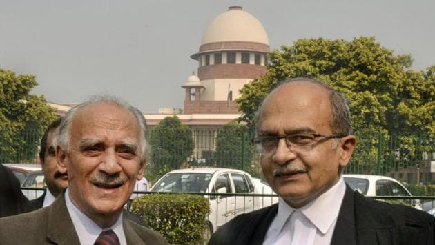 Senior lawyer Prashant Bhushan with former union minister Arun Shourie after a hearing on Rafale deal, at Supreme Court in New Delhi. The Supreme Court directed that the National Democratic Alliance (NDA) government provide within 10 days pricing details of the 36 Rafale fighter jets bought from France. (PTI) Senior lawyer Prashant Bhushan with former union minister Arun Shourie after a hearing on Rafale deal, at Supreme Court in New Delhi. The Supreme Court directed that the National Democratic Alliance (NDA) government provide within 10 days pricing details of the 36 Rafale fighter jets bought from France. (PTI)