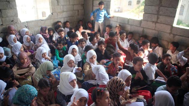 Some 2,500 schools have been damaged or destroyed since a Saudi-led coalition intervened in 2015 to try to restore the internationally recognised government, a UNICEF report said in March. Two million children are out of school in Yemen, including Shehab Mohamed Hazzaa, whose mother was trying to enrol him at Al-Shorbagy’s school. (Anees Mahyoub / REUTERS) Some 2,500 schools have been damaged or destroyed since a Saudi-led coalition intervened in 2015 to try to restore the internationally recognised government, a UNICEF report said in March. Two million children are out of school in Yemen, including Shehab Mohamed Hazzaa, whose mother was trying to enrol him at Al-Shorbagy’s school. (Anees Mahyoub / REUTERS)