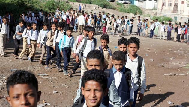 Outside the home of Yemeni teacher Adel al-Shorbagy the queue of children lining up for education keeps getting longer. Almost 700 come daily to his house which he converted into a school in the government-held city of Taiz, which has been at the centre of a three-and-a-half-year civil war that has left millions on the brink of famine. (Anees Mahyoub / REUTERS) Outside the home of Yemeni teacher Adel al-Shorbagy the queue of children lining up for education keeps getting longer. Almost 700 come daily to his house which he converted into a school in the government-held city of Taiz, which has been at the centre of a three-and-a-half-year civil war that has left millions on the brink of famine. (Anees Mahyoub / REUTERS)
