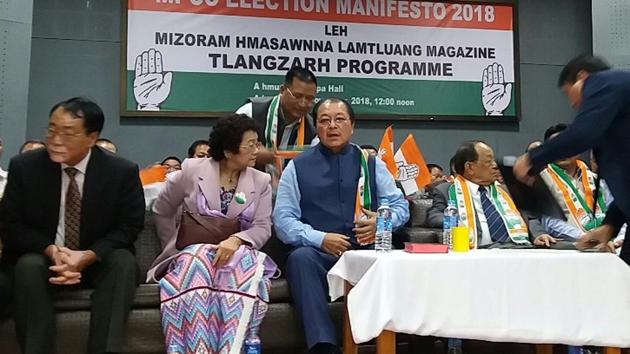 Mizoram Congress president and chief minister Lal Thanhawla (third from left) at the party’s manifesto release programme, in Aizawl on Thursday.(Utpal Parashar/HT Photo)