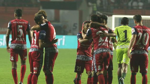 Jamshedpur FC players celebrating the goal during match 25 of the Hero Indian Super League 2018 ( ISL ) between Jamshedpur FC and FC Goa.(ISL)