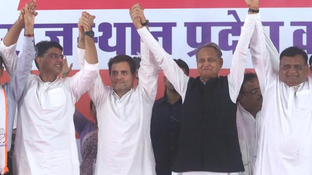 Congress President Rahul Gandhi(C) with State party president Sachin Pilot(L) and national general secretary Ashok Gehlot(R) and other leaders during a public rally, in Jaipur, August 11, 2018. (Himanshu Yyas / HT File Photo) Congress President Rahul Gandhi(C) with State party president Sachin Pilot(L) and national general secretary Ashok Gehlot(R) and other leaders during a public rally, in Jaipur, August 11, 2018. (Himanshu Yyas / HT File Photo)