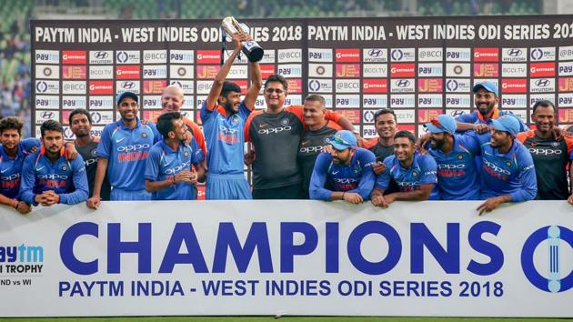 Thiruvananthapuram: Indian Cricket team poses with the trophy after winning the 5th and final ODI cricket match against West Indies, at Greenfield International Stadium in Thiruvananthapuram, Thursday, Nov. 01, 2018. (PTI Photo/R Senthil Kumar)(PTI11_1_2018_000211A) (PTI)