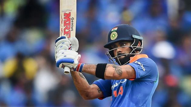 Indian batsman Virat Kohli plays a shot during the 5th and final ODI cricket match. (PTI)