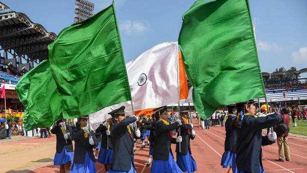 Contingents march holding flags during the 63rd Karnataka Rajyotsava celebration at Kanteerava Stadium, in Bengaluru. Kannada Rajyotsava is celebrated on November 1, commemorating the merger of Kannada language-speaking regions of South India into Karnataka state in 1956. (Shailendra Bhojak / PTI) Contingents march holding flags during the 63rd Karnataka Rajyotsava celebration at Kanteerava Stadium, in Bengaluru. Kannada Rajyotsava is celebrated on November 1, commemorating the merger of Kannada language-speaking regions of South India into Karnataka state in 1956. (Shailendra Bhojak / PTI)