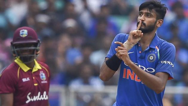 Indian bowler K Khaleel Ahmed celebrates the dismissal of West Indies batsman Jason Holder. (AP)