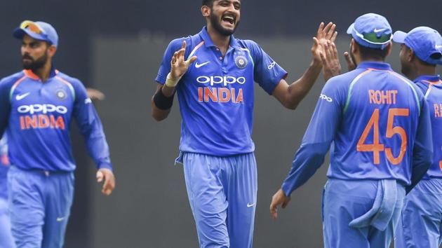 Indian bowler K Khaleel Ahmed celebrates. (AP)