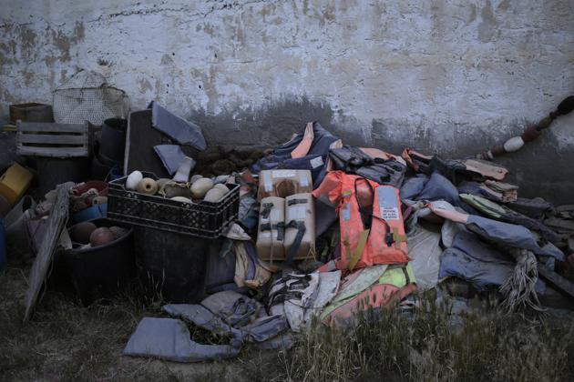 This April 15, 2018 photo shows the belongings of migrants which were collected by artist Mohsen Lahzib, who tries to create beauty out of sorrow, at his space in the southern port town of Zarzis, Tunisia. (AP Photo/Nariman El-Mofty) (AP) This April 15, 2018 photo shows the belongings of migrants which were collected by artist Mohsen Lahzib, who tries to create beauty out of sorrow, at his space in the southern port town of Zarzis, Tunisia. (AP Photo/Nariman El-Mofty) (AP)
