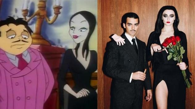 Sophie Turner and boyfriend Joe Jonas turned into Morticia and Gomez Addams for Halloween.(Instagram)