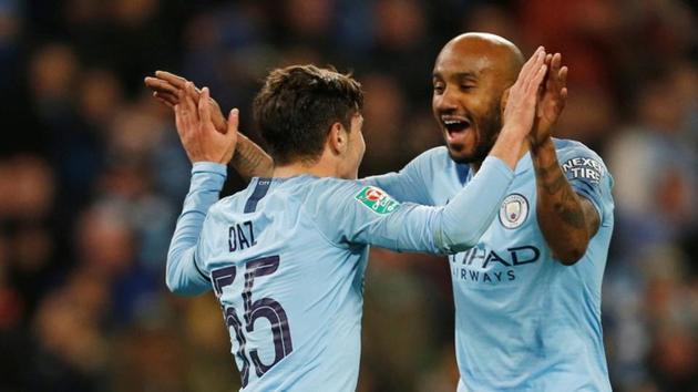 Manchester City's Brahim Diaz celebrates scoring their second goal with Fabian Delph. (Action Images via Reuters) Manchester City's Brahim Diaz celebrates scoring their second goal with Fabian Delph. (Action Images via Reuters)