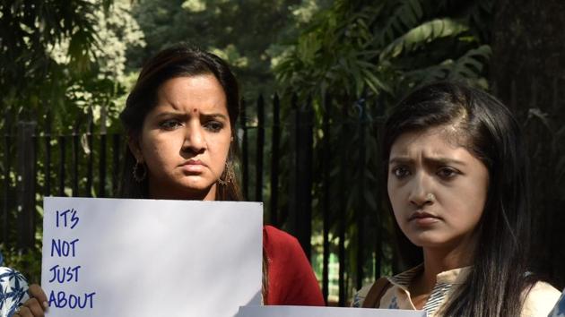 New Delhi, India - Oct. 13, 2018: Electronic and Print media journalists stand to protest against the sexual harassment at the work places as part of the #Metoo campaign at Parliament Street in New Delhi, India, on Saturday, October 13, 2018. (Photo by Mohd Zakir/ Hindustan Times) (Mohd Zakir/HT PHOTO) New Delhi, India - Oct. 13, 2018: Electronic and Print media journalists stand to protest against the sexual harassment at the work places as part of the #Metoo campaign at Parliament Street in New Delhi, India, on Saturday, October 13, 2018. (Photo by Mohd Zakir/ Hindustan Times) (Mohd Zakir/HT PHOTO)
