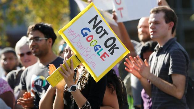 A Google employee holds a sign during a "women's walkout" at their Googleplex offices in protest . (REUTERS) A Google employee holds a sign during a "women's walkout" at their Googleplex offices in protest . (REUTERS)