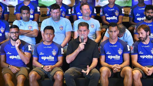 Chennaiyin FC coach John Charles Gregory (C) speaks during a press conference ahead of Indian Super League (ISL) 2018-19.(AP) Chennaiyin FC coach John Charles Gregory (C) speaks during a press conference ahead of Indian Super League (ISL) 2018-19.(AP)