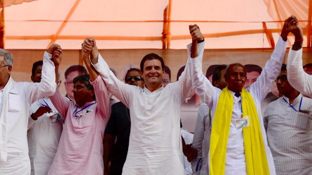 Congress President Rahul Gandhi with other party leaders at a rally in Bilaspur, Chhattisgarh, on May 17, 2018. Gandhi called a meeting on October 5 to resolve the reported tussle between state party president Bhupesh Baghel and general secretary in-charge PL Punia ahead of assembly elections in the state. (HT File) Congress President Rahul Gandhi with other party leaders at a rally in Bilaspur, Chhattisgarh, on May 17, 2018. Gandhi called a meeting on October 5 to resolve the reported tussle between state party president Bhupesh Baghel and general secretary in-charge PL Punia ahead of assembly elections in the state. (HT File)