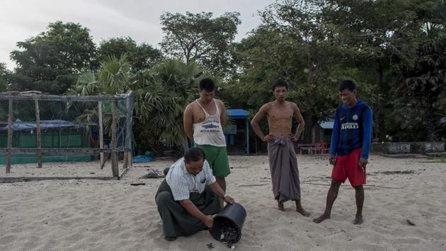 Ranger Phone Maw (L) releases newborn green turtles. Southeast Asia’s waters are choked with plastic and more than half of the eight million tonnes dumped into the world’s oceans each year comes from just China, Indonesia, the Philippines, Vietnam and Thailand. In June, a dead green turtle washed up on a Thai beach, its stomach jammed with plastic shreds, rubber bands and other debris. (Ye Aung Thu / AFP) Ranger Phone Maw (L) releases newborn green turtles. Southeast Asia’s waters are choked with plastic and more than half of the eight million tonnes dumped into the world’s oceans each year comes from just China, Indonesia, the Philippines, Vietnam and Thailand. In June, a dead green turtle washed up on a Thai beach, its stomach jammed with plastic shreds, rubber bands and other debris. (Ye Aung Thu / AFP)