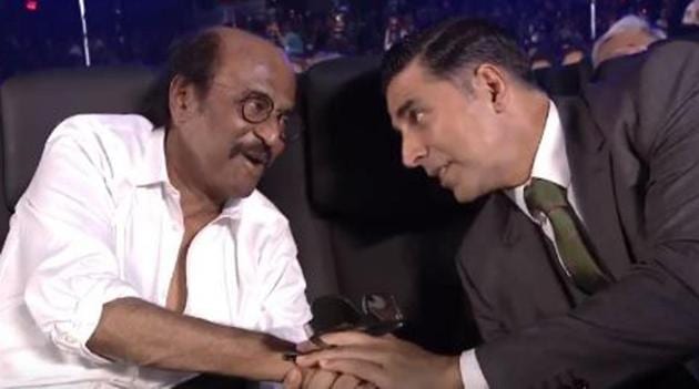 In 2.0’s lead cast, Rajinikanth and Akshay Kumar, interact at the trailer launch in Chennai.(Twitter)