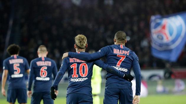 Paris Saint-Germain's Brazilian forward Neymar (3rd L) celebrates with Paris Saint-Germain's French forward Kylian Mbappe (R) after scoring a goal during the French L1 football match between Paris Saint-Germain (PSG) and Lille (LOSC). (AFP) Paris Saint-Germain's Brazilian forward Neymar (3rd L) celebrates with Paris Saint-Germain's French forward Kylian Mbappe (R) after scoring a goal during the French L1 football match between Paris Saint-Germain (PSG) and Lille (LOSC). (AFP)