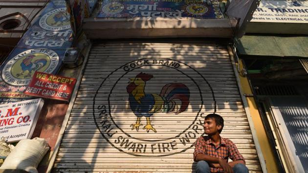 New Delhi, India- Oct 10, 2017: Fire Cracker shops closed down due to ban imposed on selling of crackers by Supreme Court at Filmistan in New Delhi(HT File Photo)