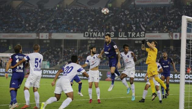 Delhi Dynamos FC goalkeeper jumps to save a goal during their Hero Indian Super League soccer match against Chennaiyin FC in New Delhi, India, Tuesday, Oct. 23, 2018 (AP) Delhi Dynamos FC goalkeeper jumps to save a goal during their Hero Indian Super League soccer match against Chennaiyin FC in New Delhi, India, Tuesday, Oct. 23, 2018 (AP)