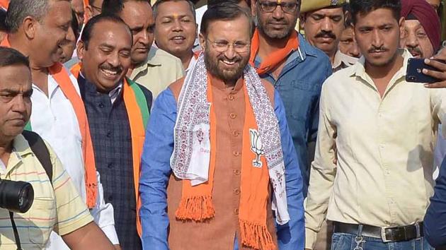 Union Minister and BJP election incharge for Rajasthan, Prakash Javdekar launched ‘booth mahasampark’ campaign in the poll-bound state on November 2, 2018.(HT Photo)