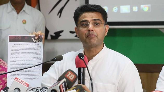 Rajasthan Congress president Sachin Pilot released ‘Rajasthan Report Card’ which he said would expose the ruling BJP, in Jaipur on November 2, 2018.(Himanshu Vyas / HT Photo)