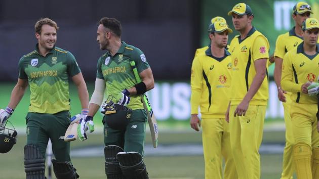 South Africa's David Miller (left) and Faf du Plessis, second left, leave the pitch after defeating Australia in their one-day international cricket match in Perth. (AP) South Africa's David Miller (left) and Faf du Plessis, second left, leave the pitch after defeating Australia in their one-day international cricket match in Perth. (AP)