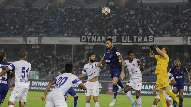 File Photo: Delhi Dynamos FC goalkeeper jumps to save a goal during their Hero Indian Super League soccer match. (AP) File Photo: Delhi Dynamos FC goalkeeper jumps to save a goal during their Hero Indian Super League soccer match. (AP)