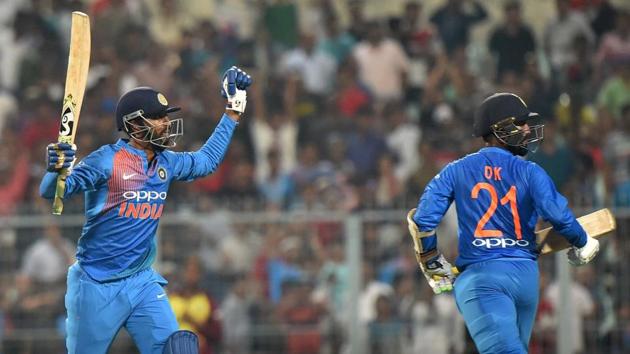 Kolkata: Indian cricketers Krunal Pandya and Dinesh Karthik celebrate winning the 1st T20 match against West Indies at Eden Garden in Kolkata. (PTI) Kolkata: Indian cricketers Krunal Pandya and Dinesh Karthik celebrate winning the 1st T20 match against West Indies at Eden Garden in Kolkata. (PTI)