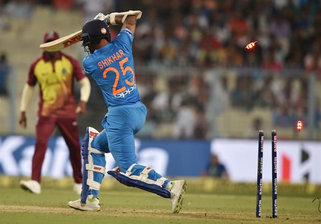 Kolkata: Indian batsman Shikhar Dhawan gets clean bowled during 1st T20 match against West Indies at Eden Garden in Kolkata. (PTI)