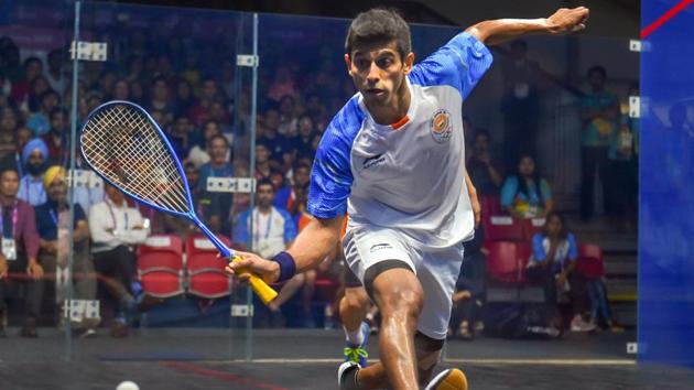 Saurav Ghosal in action during men's squash semifinal match. (PTI) Saurav Ghosal in action during men's squash semifinal match. (PTI)