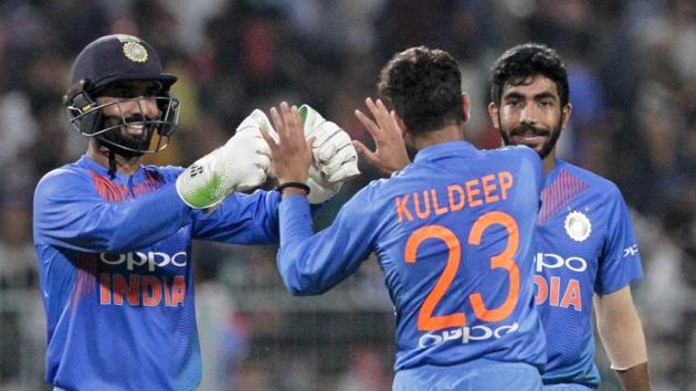 Kuldeep Yadav (23) celebrates the fall of a West Indies wicket. (AP) Kuldeep Yadav (23) celebrates the fall of a West Indies wicket. (AP)