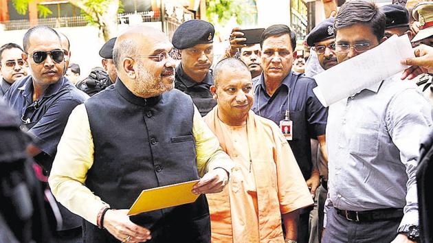 BJP National President Amit Shah along with UP Chief Minister Yogi Adityanath. UP has always enjoyed disproportionate influence in Indian politics because of its size, demographic composition, share of Lok Sabha seats, and the leadership pool it has sent to national politics (Subhankar Chakraborty/HT PHOTO) BJP National President Amit Shah along with UP Chief Minister Yogi Adityanath. UP has always enjoyed disproportionate influence in Indian politics because of its size, demographic composition, share of Lok Sabha seats, and the leadership pool it has sent to national politics (Subhankar Chakraborty/HT PHOTO)