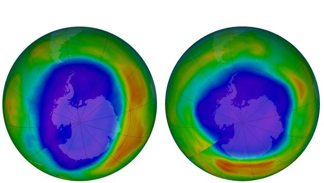 This combination of images made available by NASA shows areas of low ozone above Antarctica on September 2000, left, and September 2018. The purple and blue colours are where there is the least ozone, and the yellows and reds are where there is more ozone. A United Nations report released on Monday, Nov. 5, 2018 says Earth’s protective ozone layer is finally healing after aerosol sprays and coolants ate away at it.(AP)